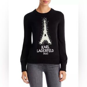 Karl Lagerfeld Pearl Embellished Eiffel Tower Intarsia Sweater Black White XXS